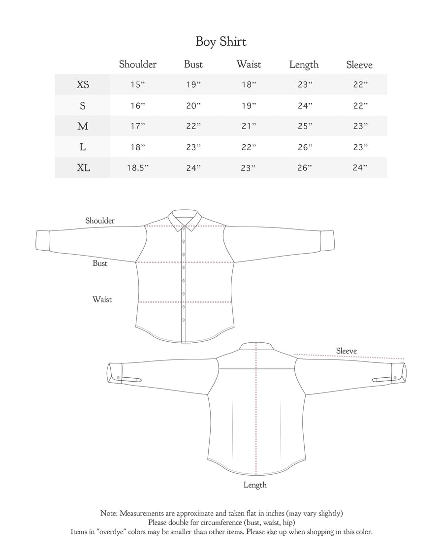 Size chart for Linen Boy Shirt