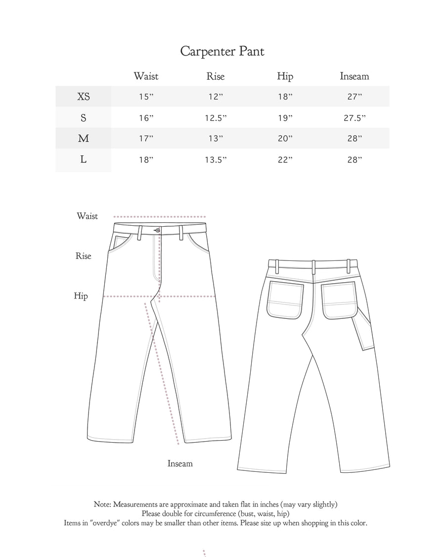 Size chart for Carpenter Pant