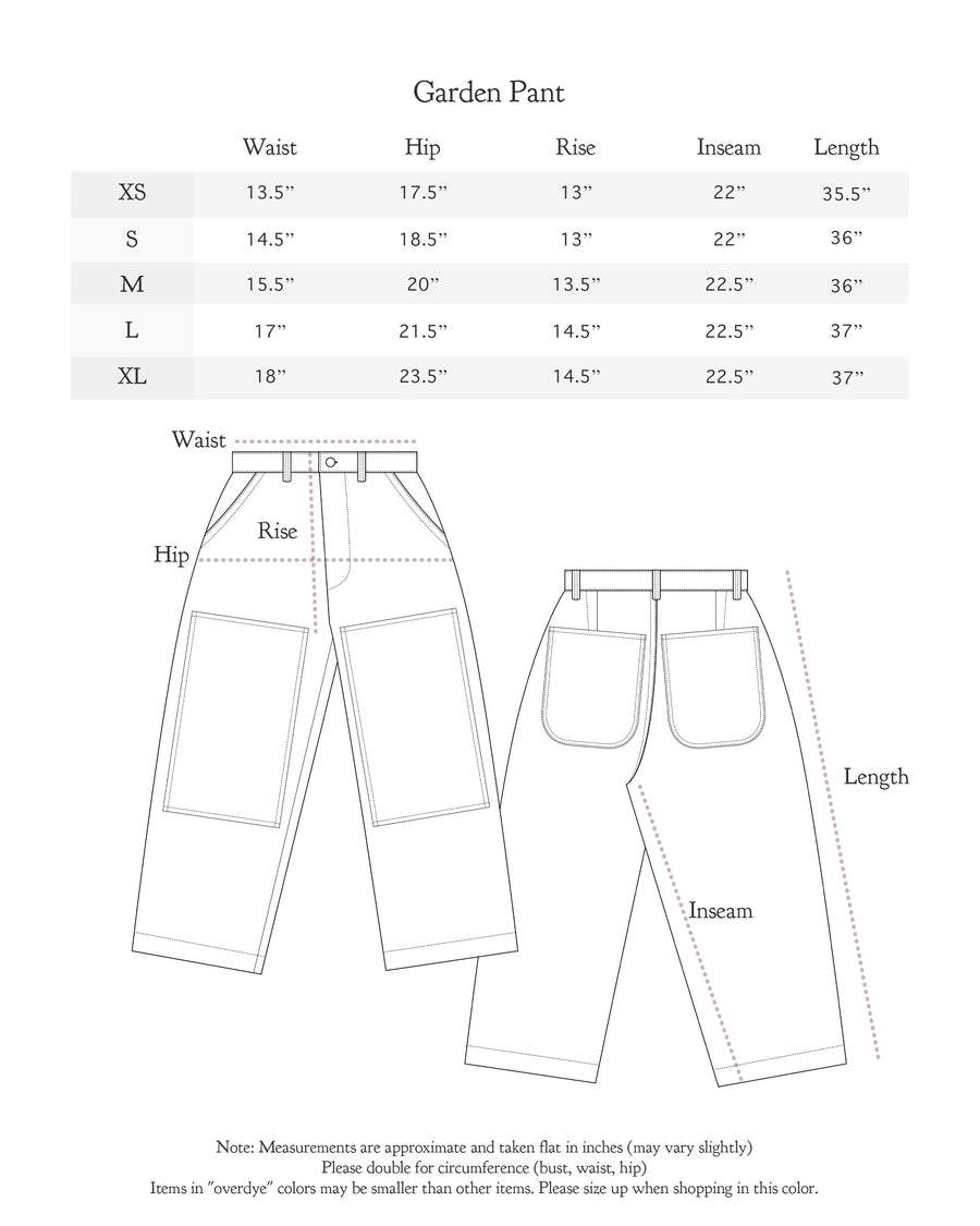 Size chart for Garden Pant