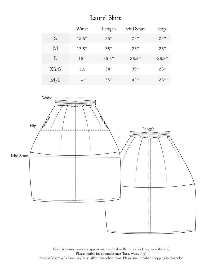 Size chart for Laurel Skirt