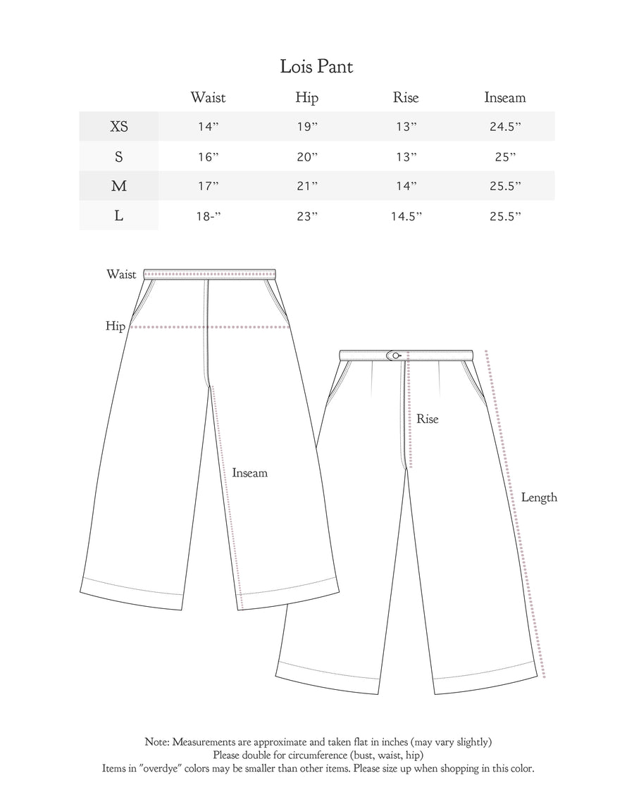Size chart for Lois Pant