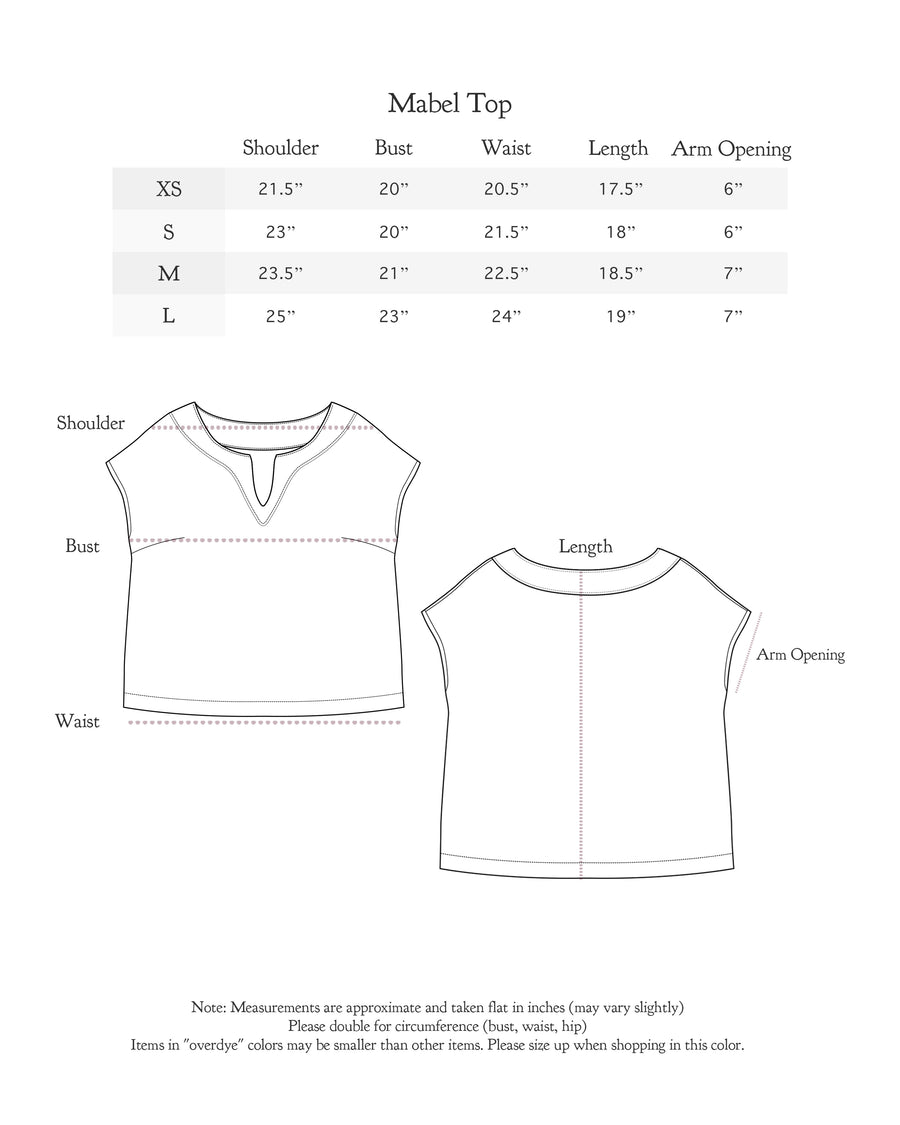 Size chart for Mabel Top